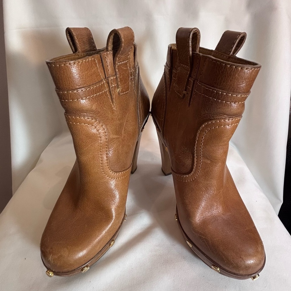 TORY BURCH Sz 6.5 Leather High Wooden Heel Bootie Clogs Distressed Rivets Studs